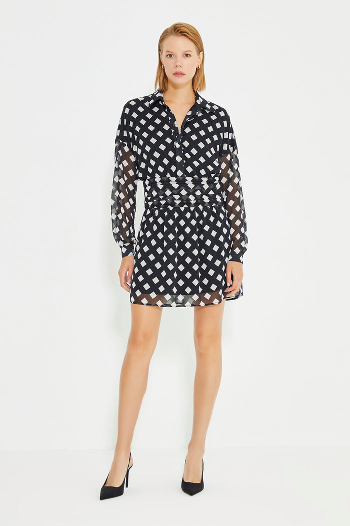 Black And White Checked Pattern Draped Mini Dress