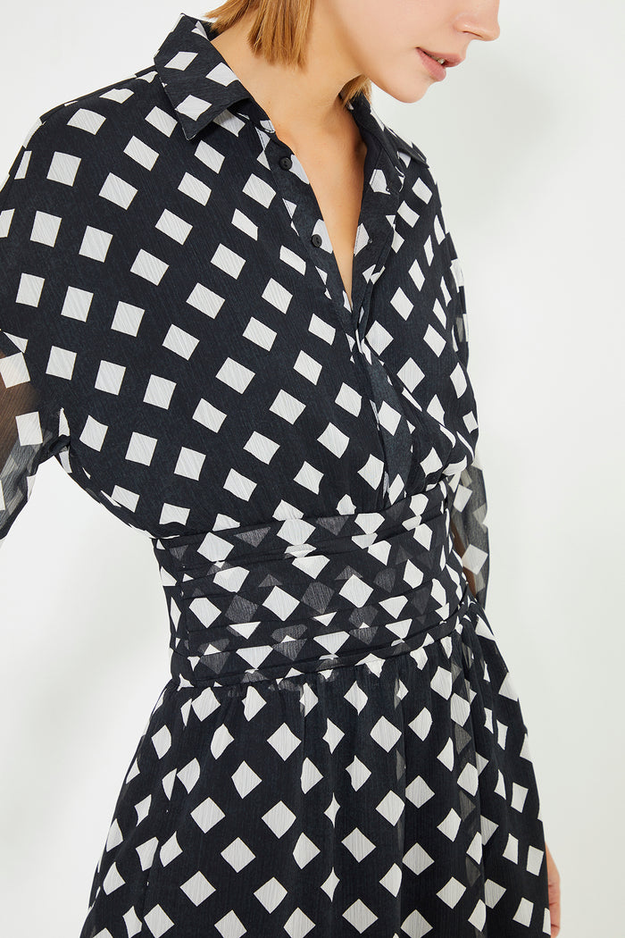 Black And White Checked Pattern Draped Mini Dress