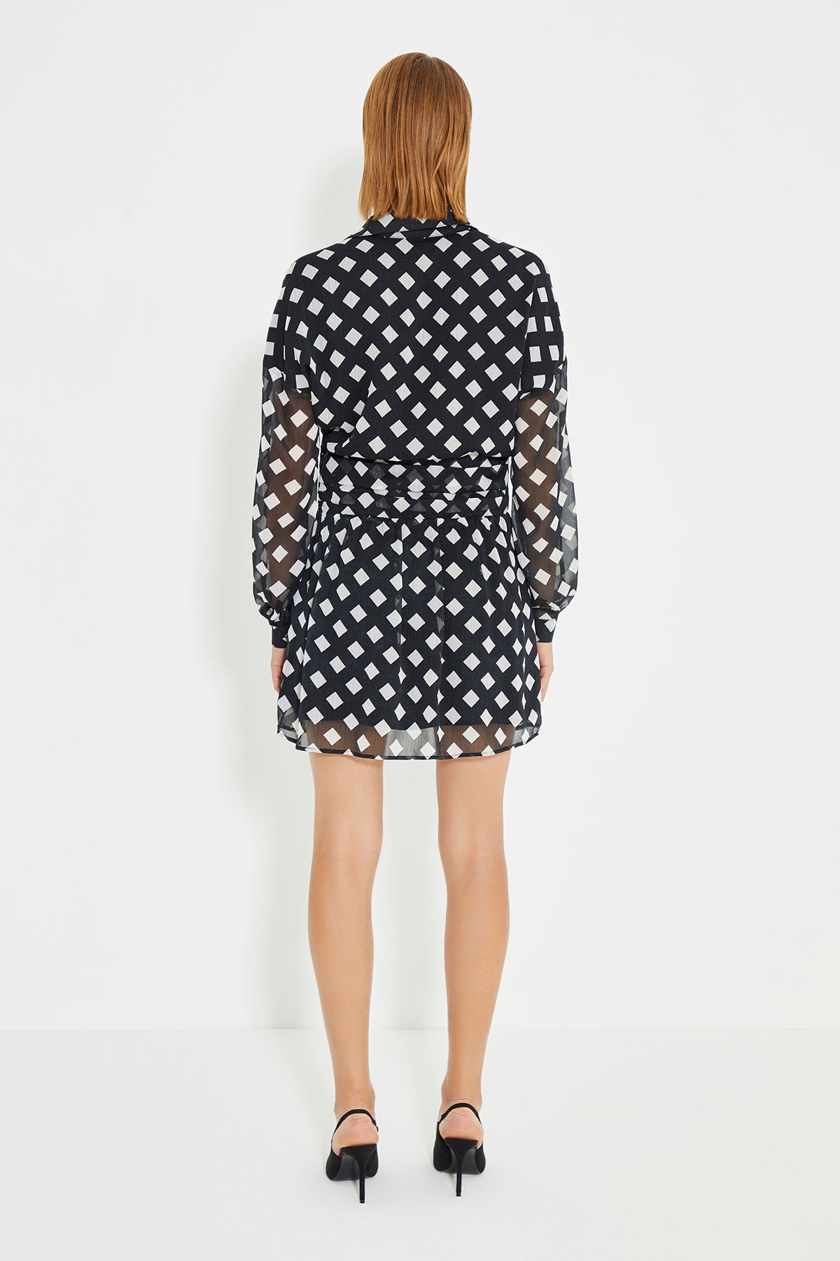 Black And White Checked Pattern Draped Mini Dress
