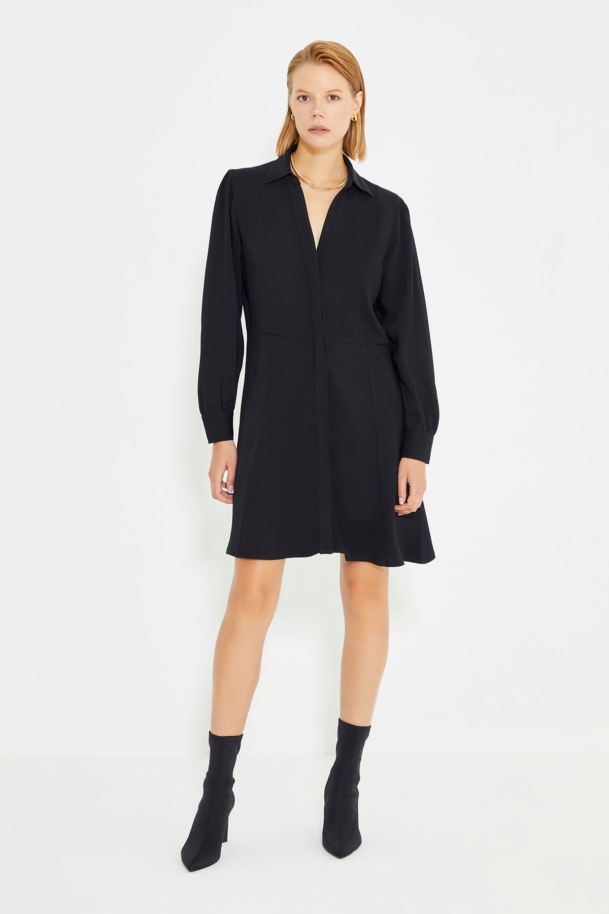 Black Long Sleeve Shirt Collar Mini Dress