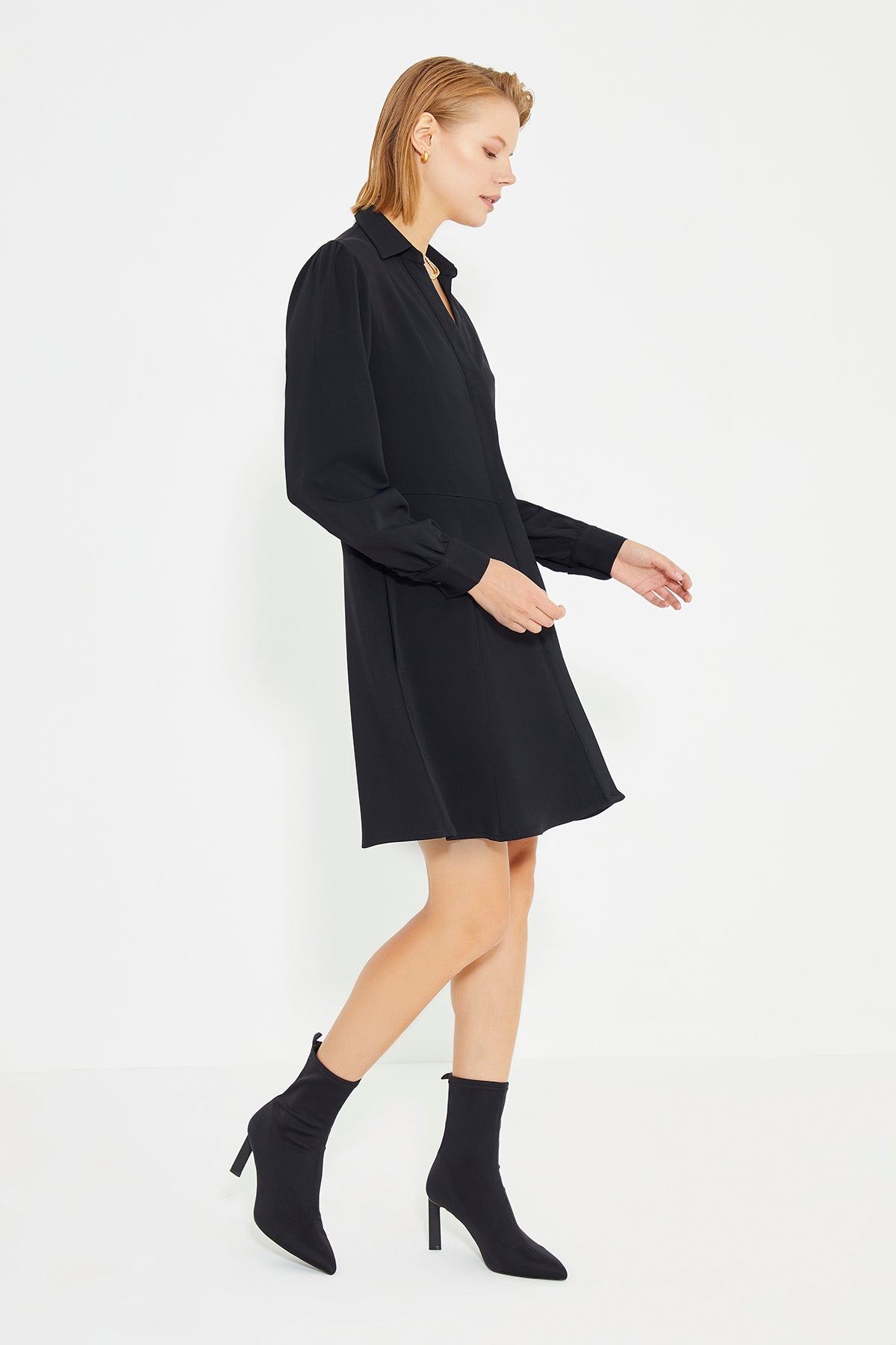 Black Long Sleeve Shirt Collar Mini Dress