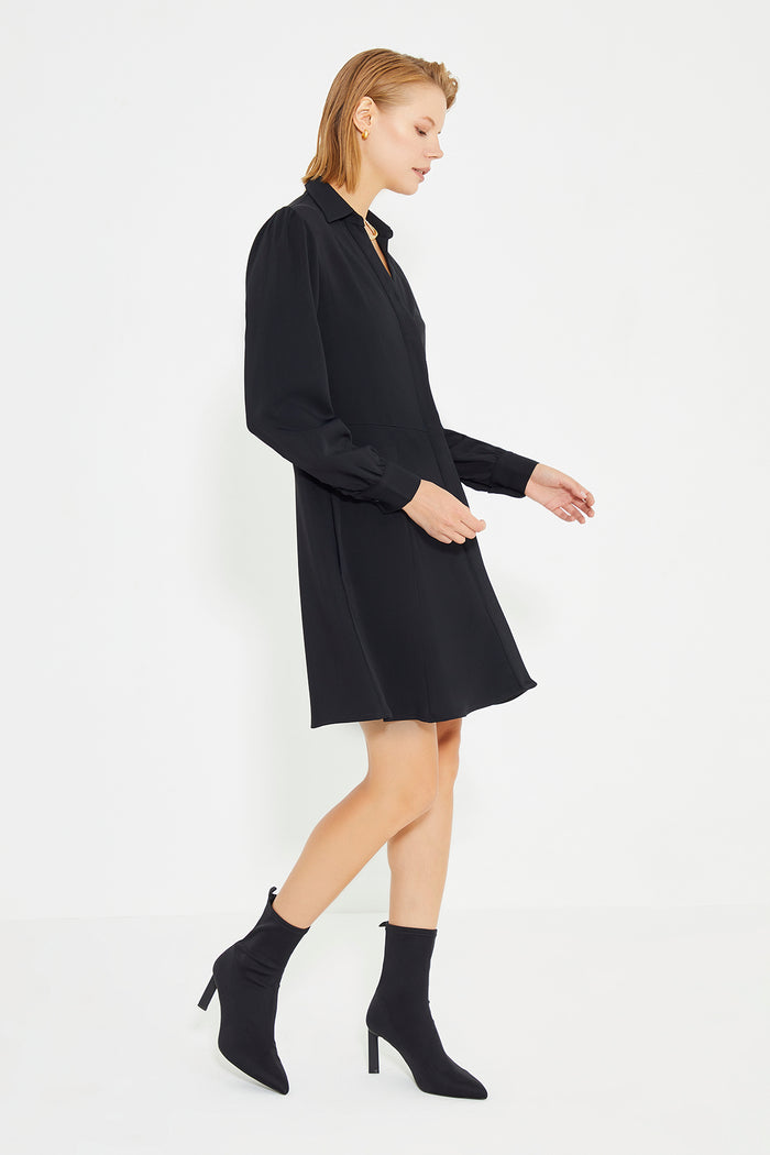 Black Long Sleeve Shirt Collar Mini Dress