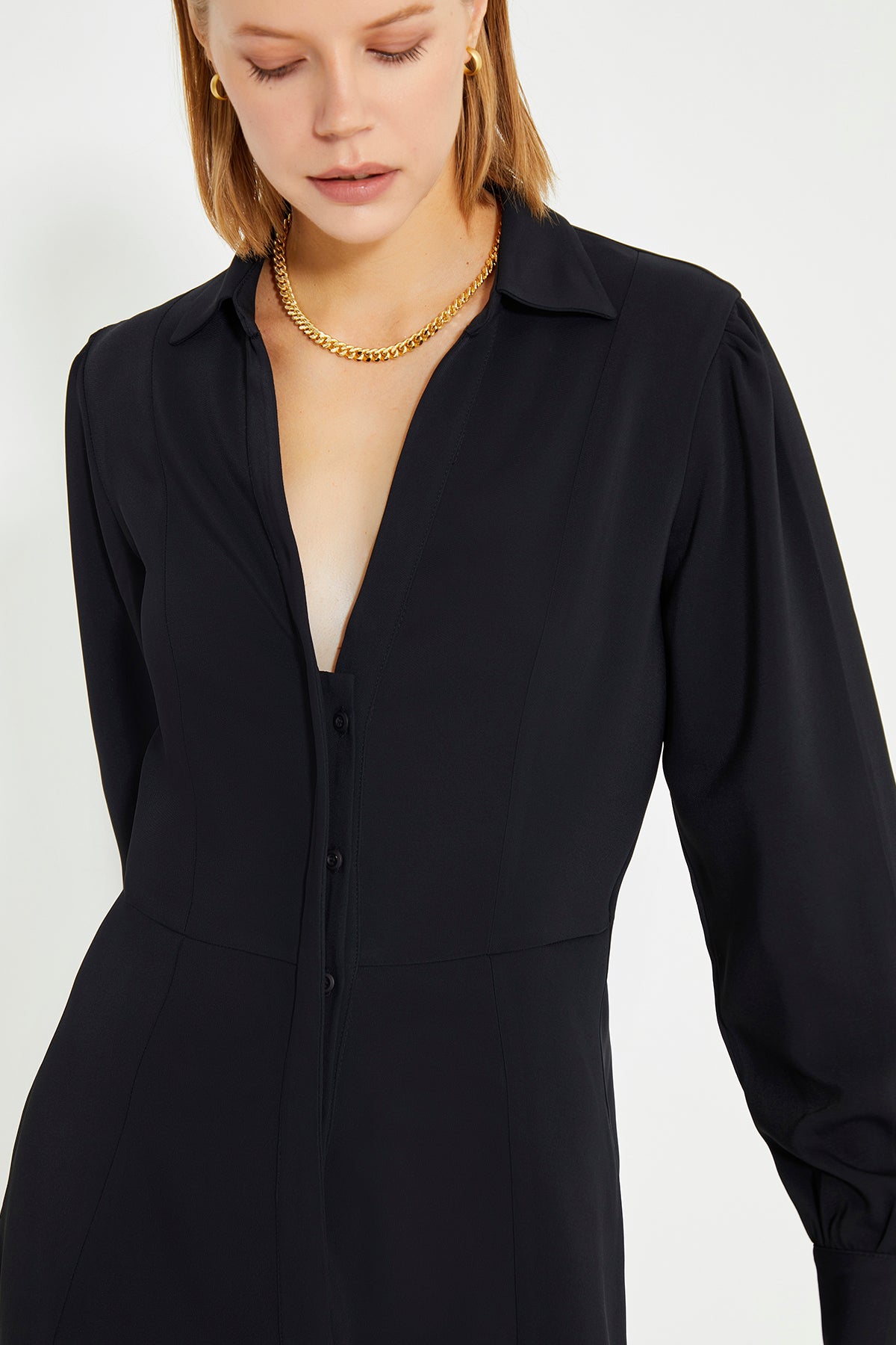 Black Long Sleeve Shirt Collar Mini Dress