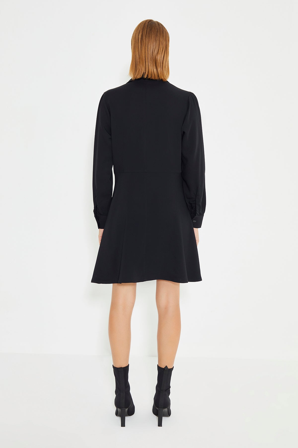 Black Long Sleeve Shirt Collar Mini Dress