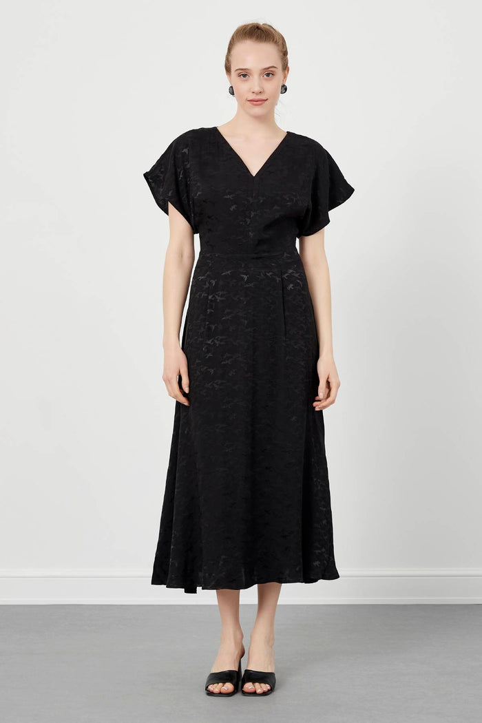 Black Patterned Flounce Midi Dress