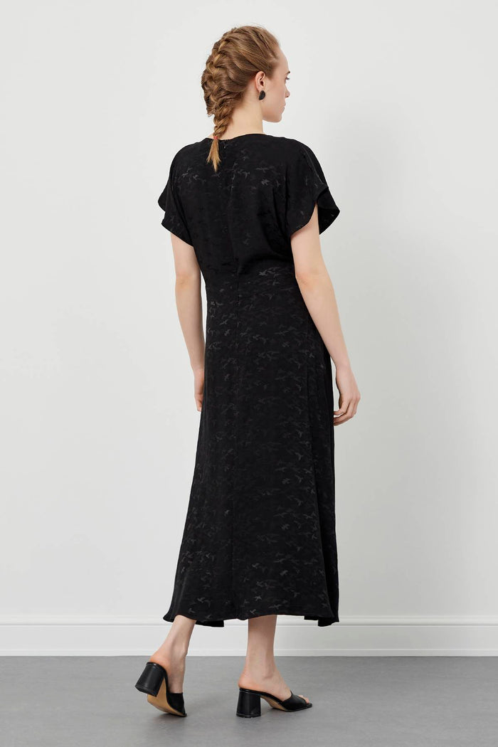 Black Patterned Flounce Midi Dress