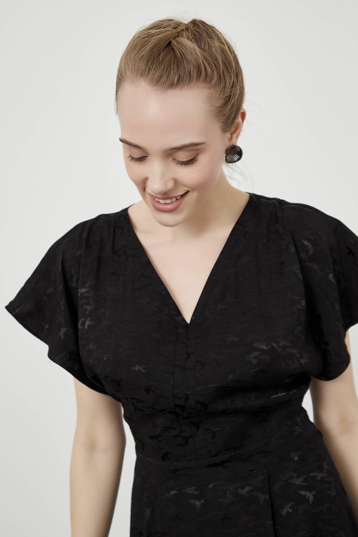 Black Patterned Flounce Midi Dress