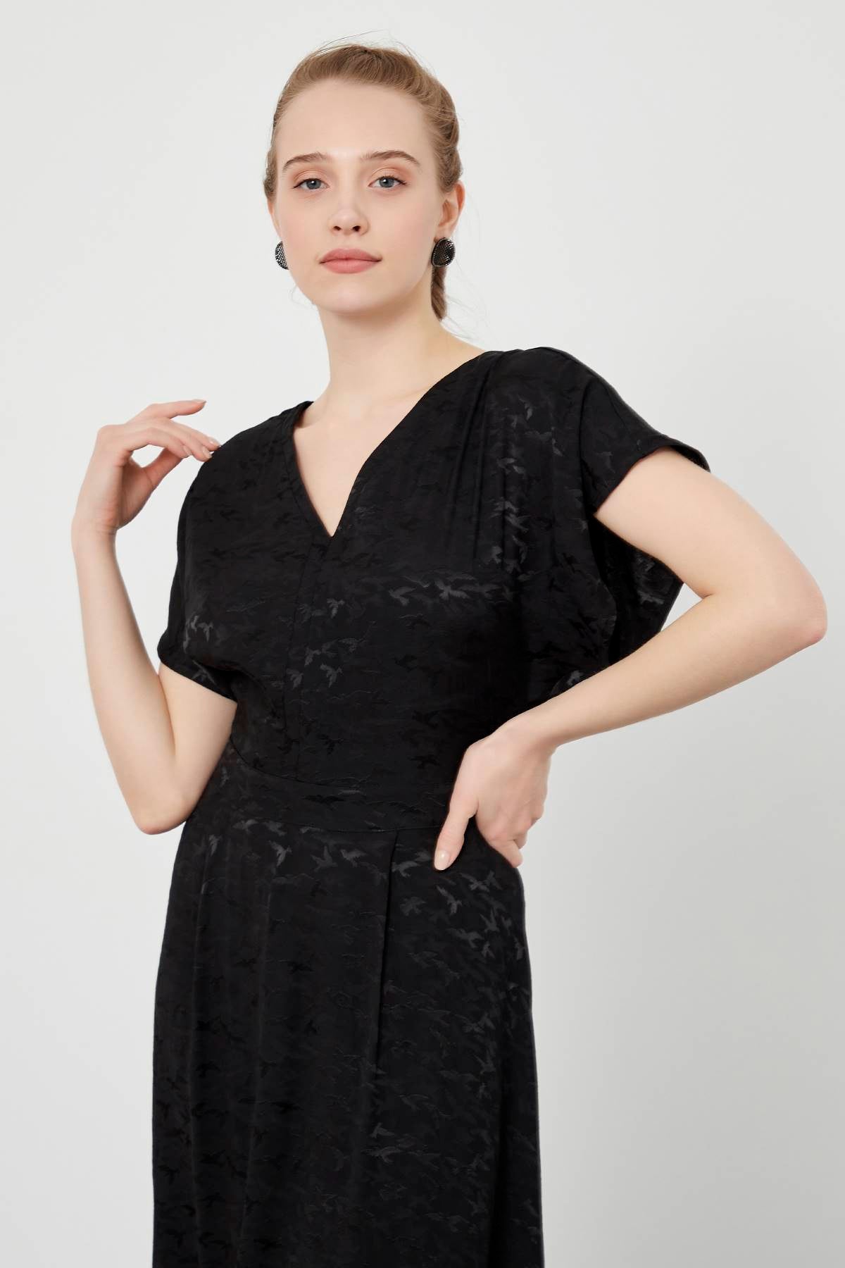 Black Patterned Flounce Midi Dress