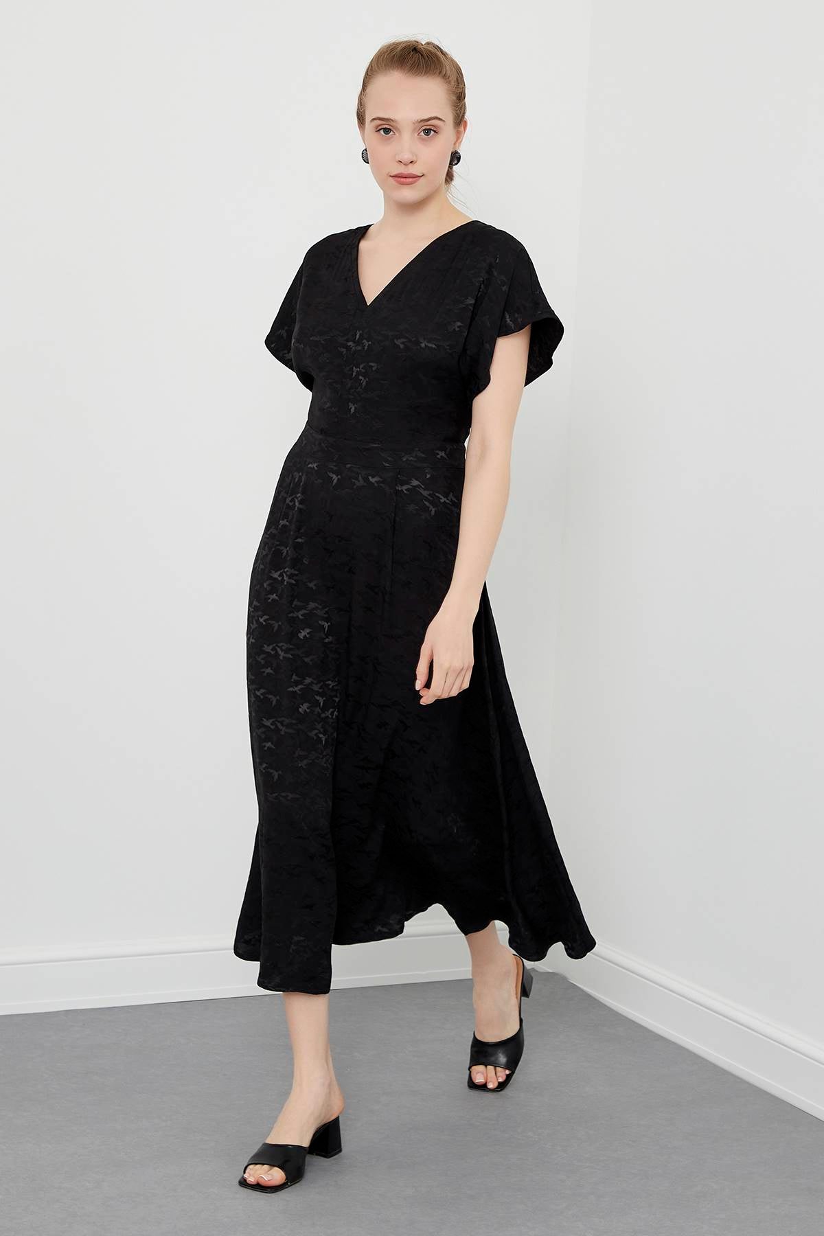 Black Patterned Flounce Midi Dress