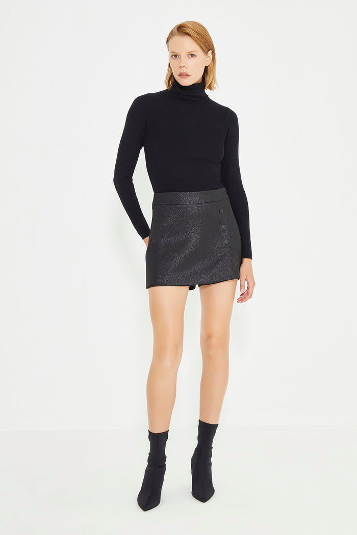 Black Side Snap Detail Mini Short Skirt