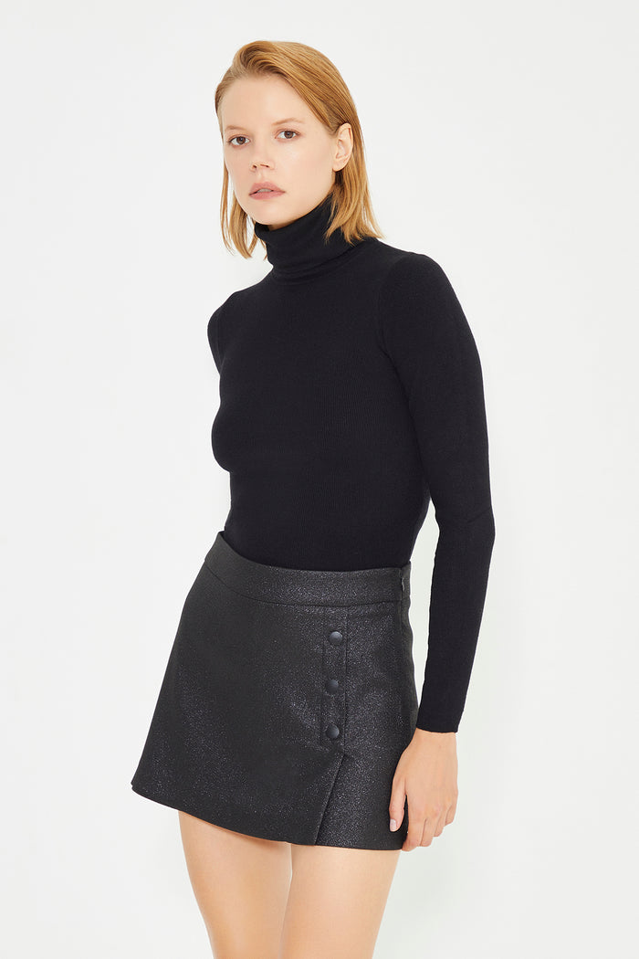Black Side Snap Detail Mini Short Skirt