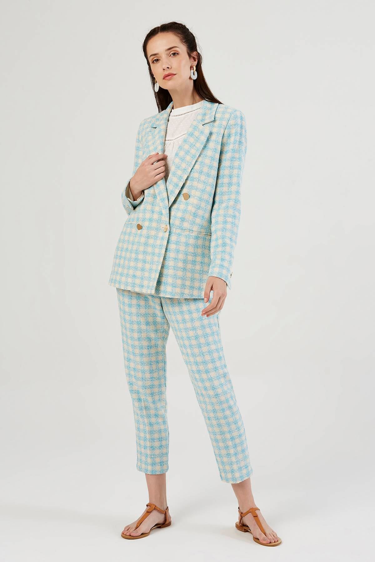 Turkuaz Kareli Kruvaze Yakalı Blazer Ceket