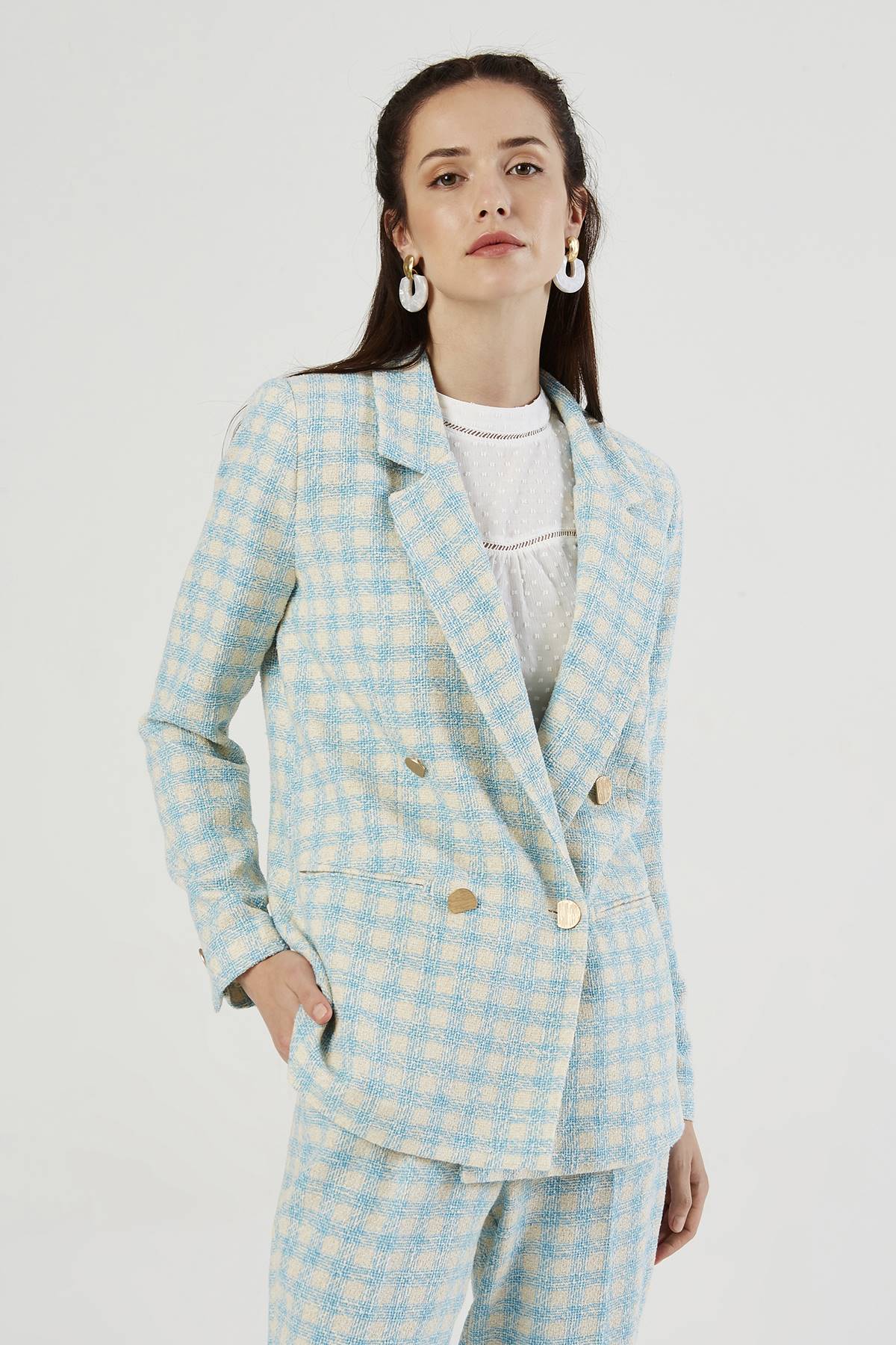 Turkuaz Kareli Kruvaze Yakalı Blazer Ceket