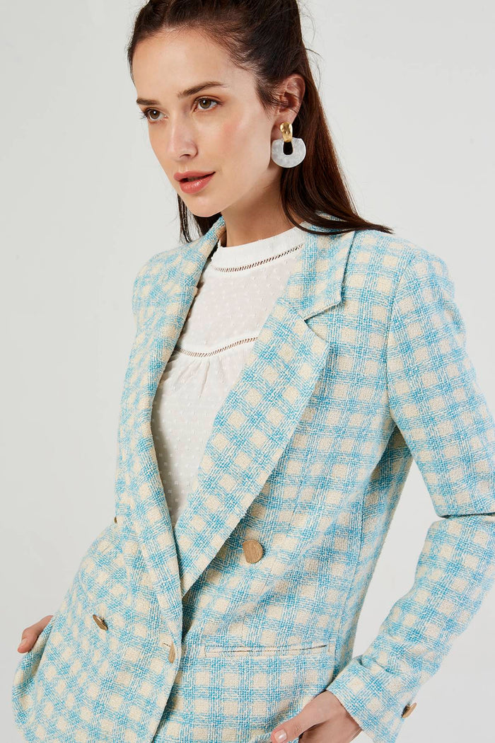 Turkuaz Kareli Kruvaze Yakalı Blazer Ceket