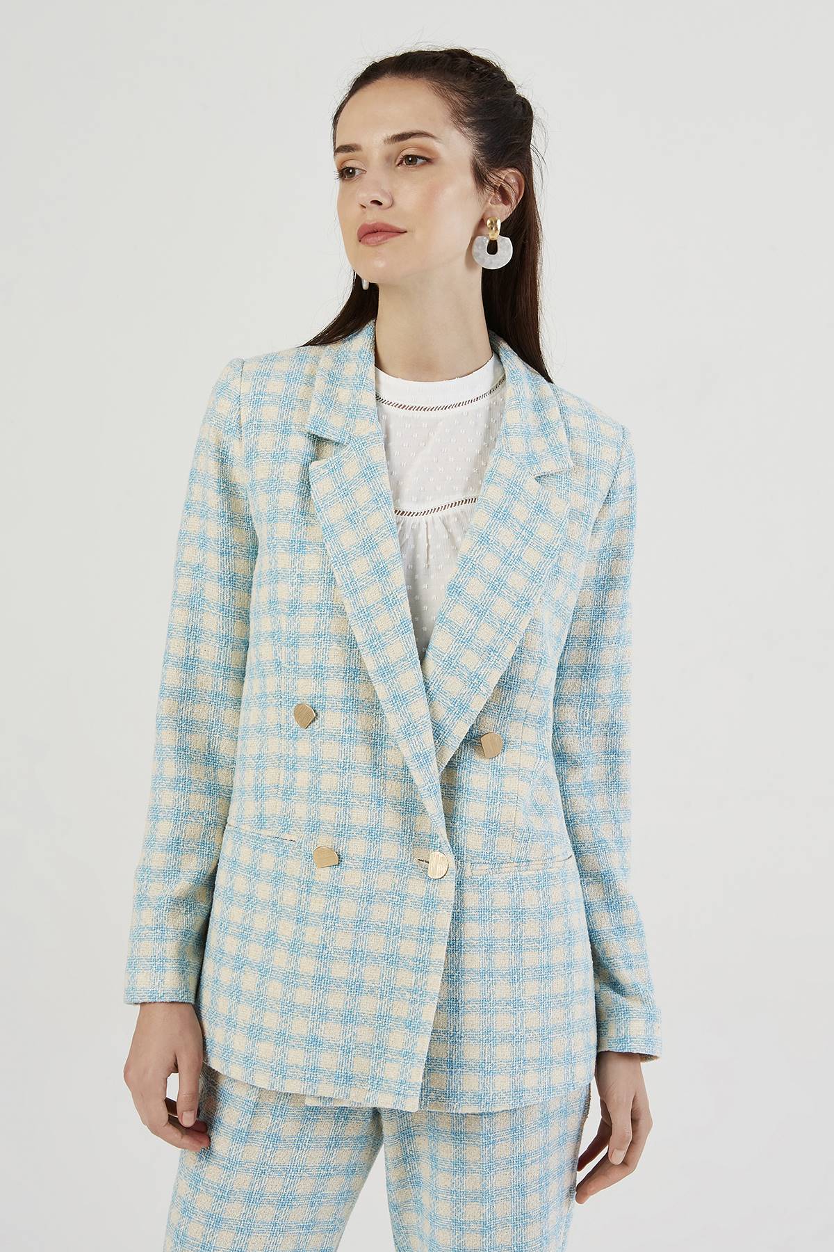 Turkuaz Kareli Kruvaze Yakalı Blazer Ceket