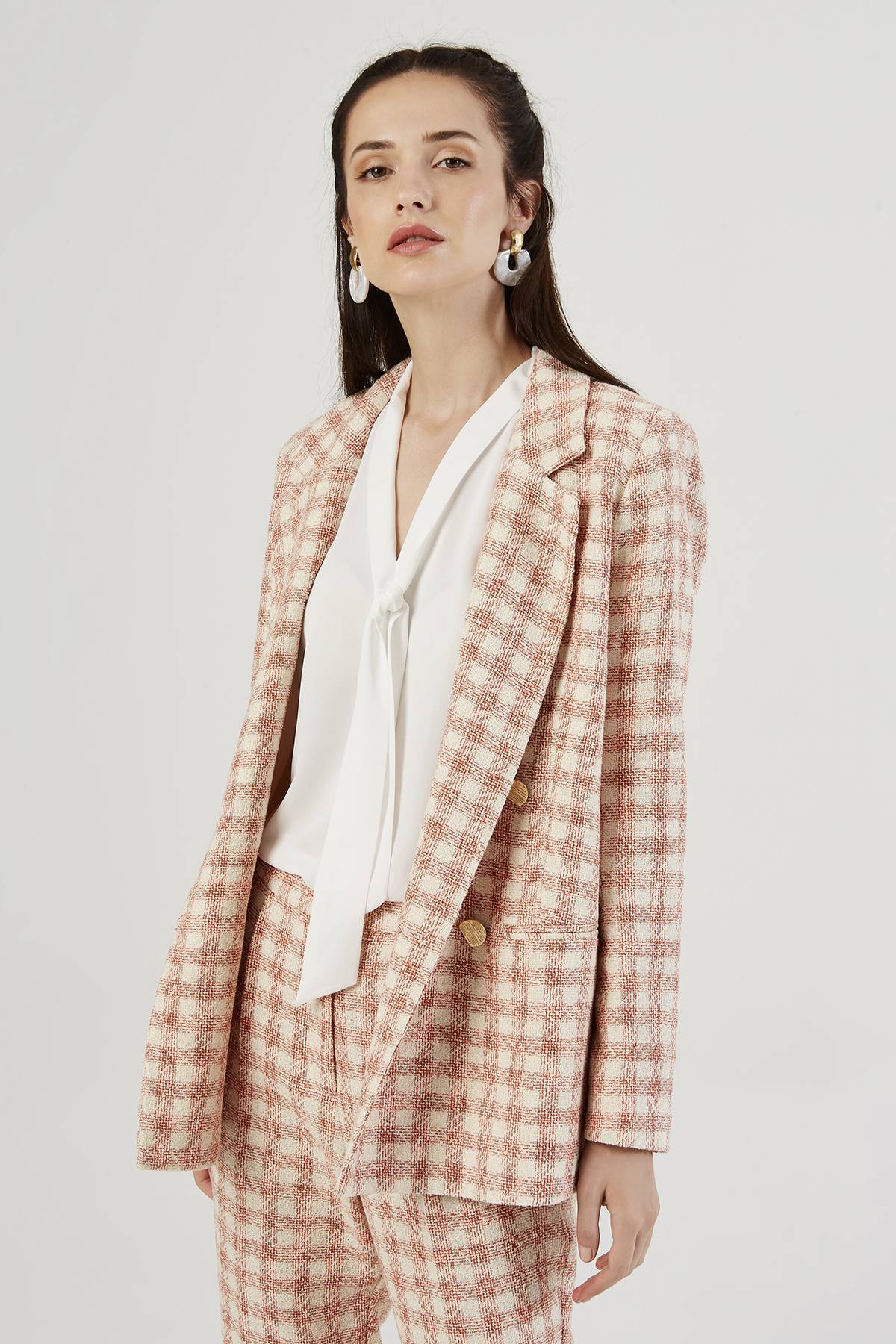 Orange Check Double Breasted Collar Blazer Jacket