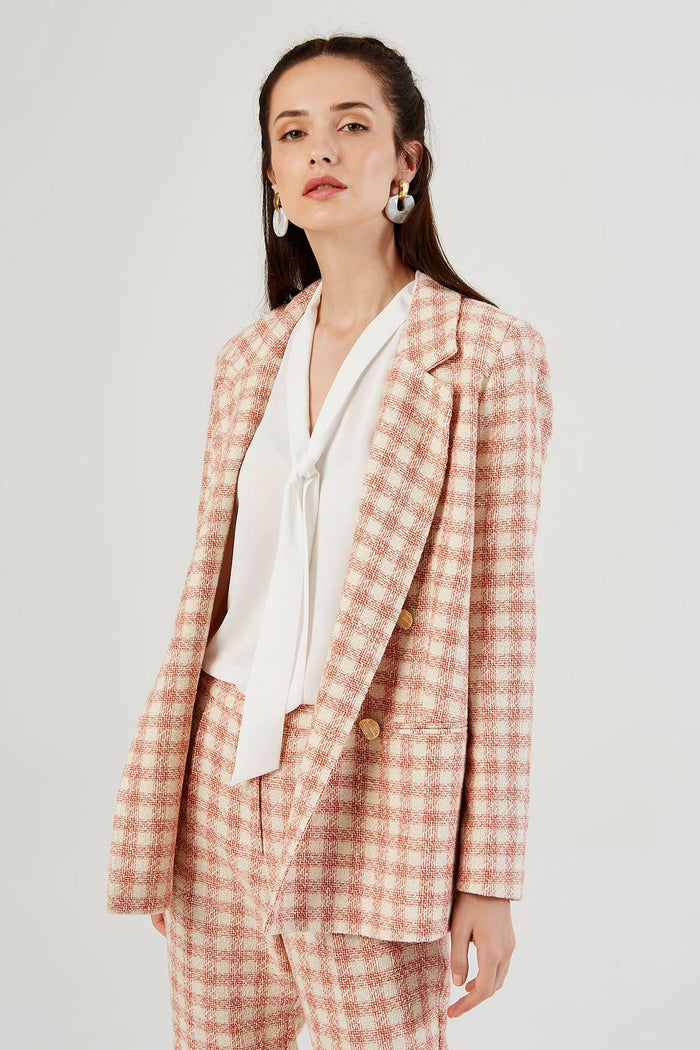 Orange Check Double Breasted Collar Blazer Jacket