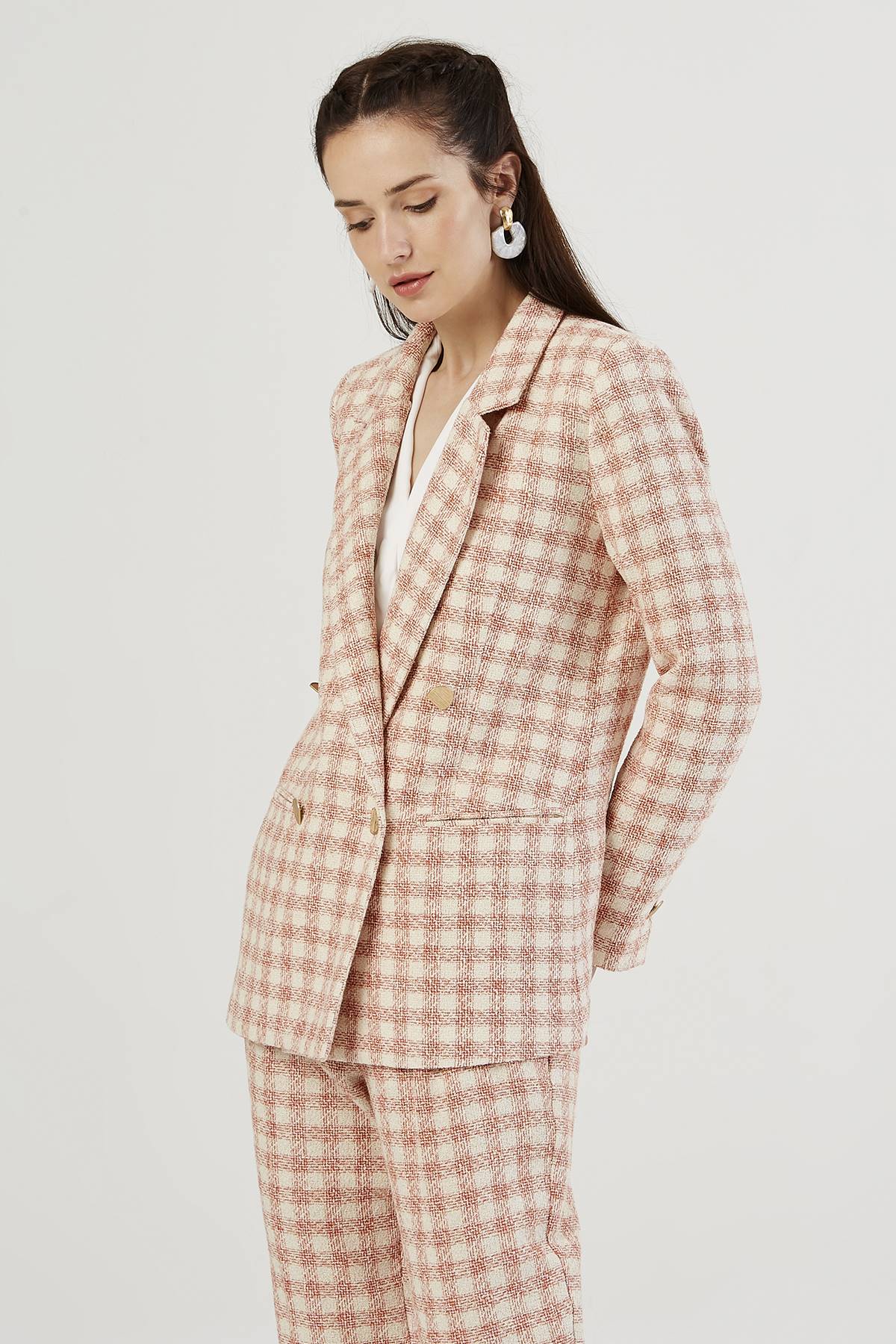 Orange Check Double Breasted Collar Blazer Jacket