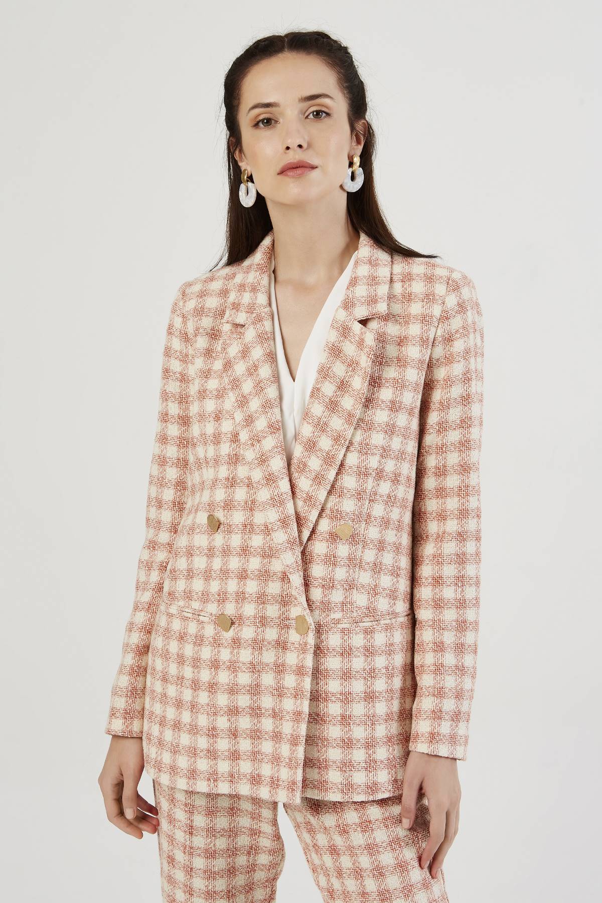 Orange Check Double Breasted Collar Blazer Jacket