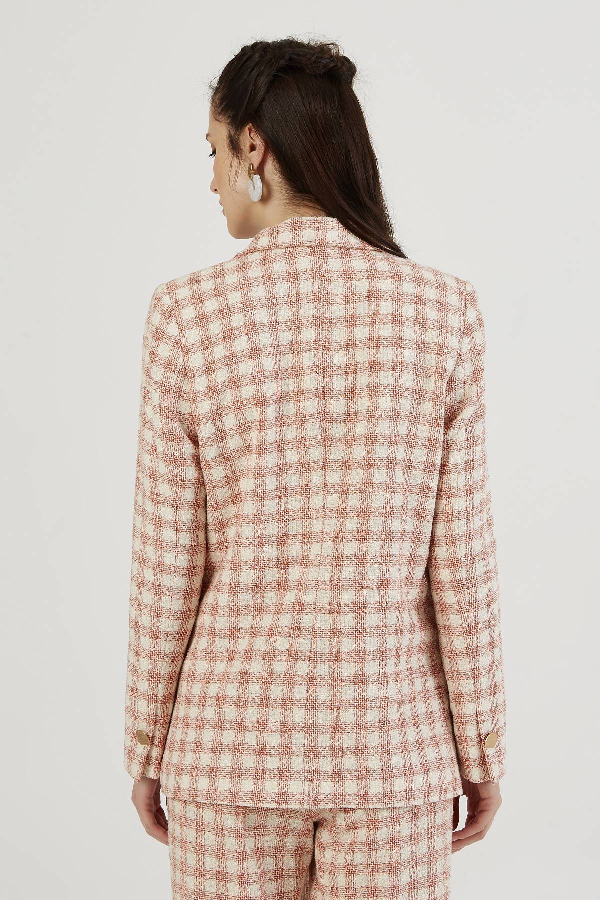 Orange Check Double Breasted Collar Blazer Jacket