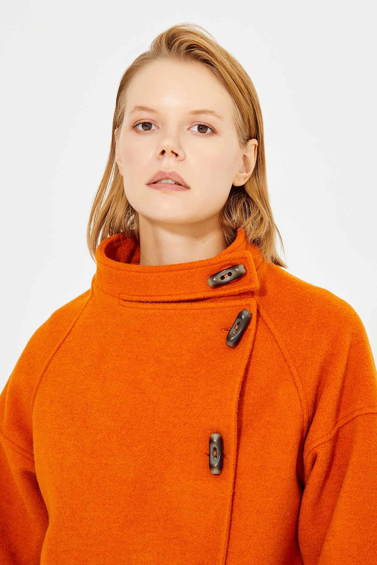 Orange Color Aysmmetric Front Button Detailed Side Pocket Women'Coat