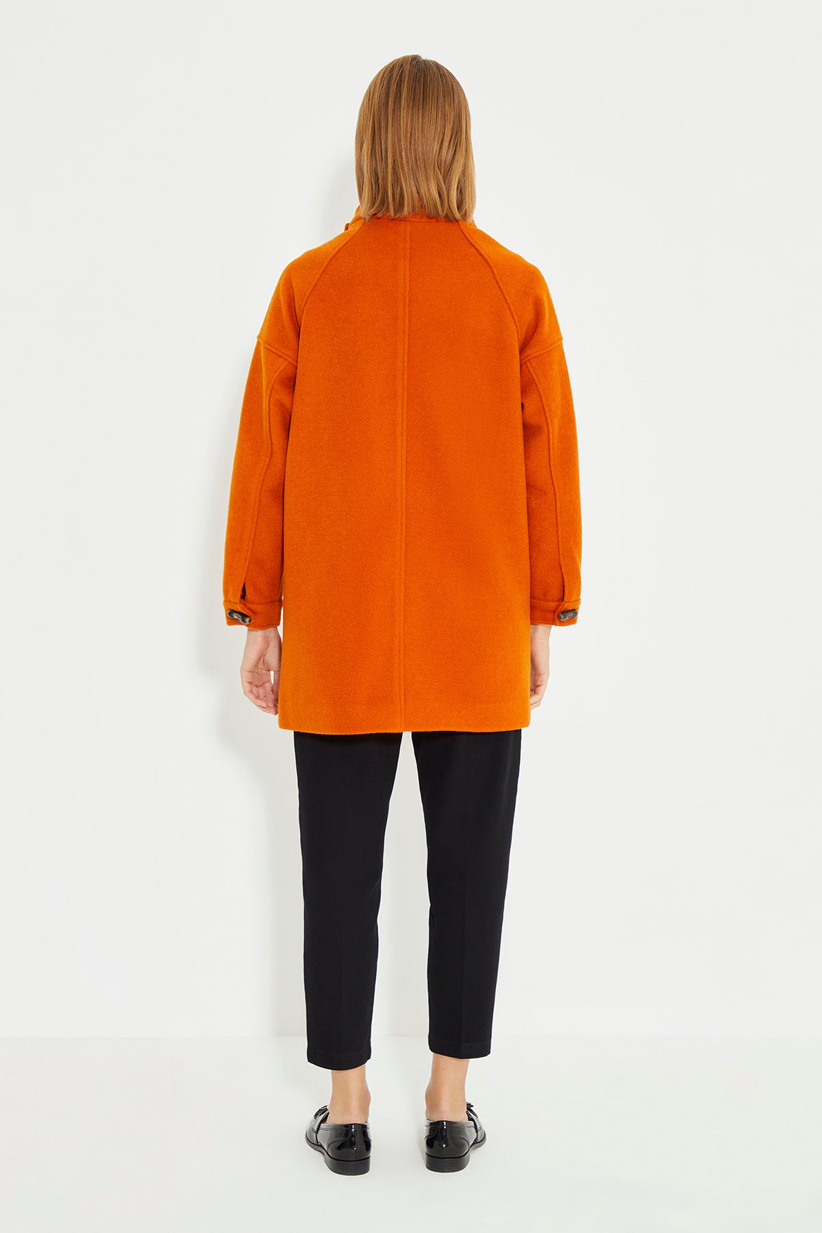 Orange Color Aysmmetric Front Button Detailed Side Pocket Women'Coat