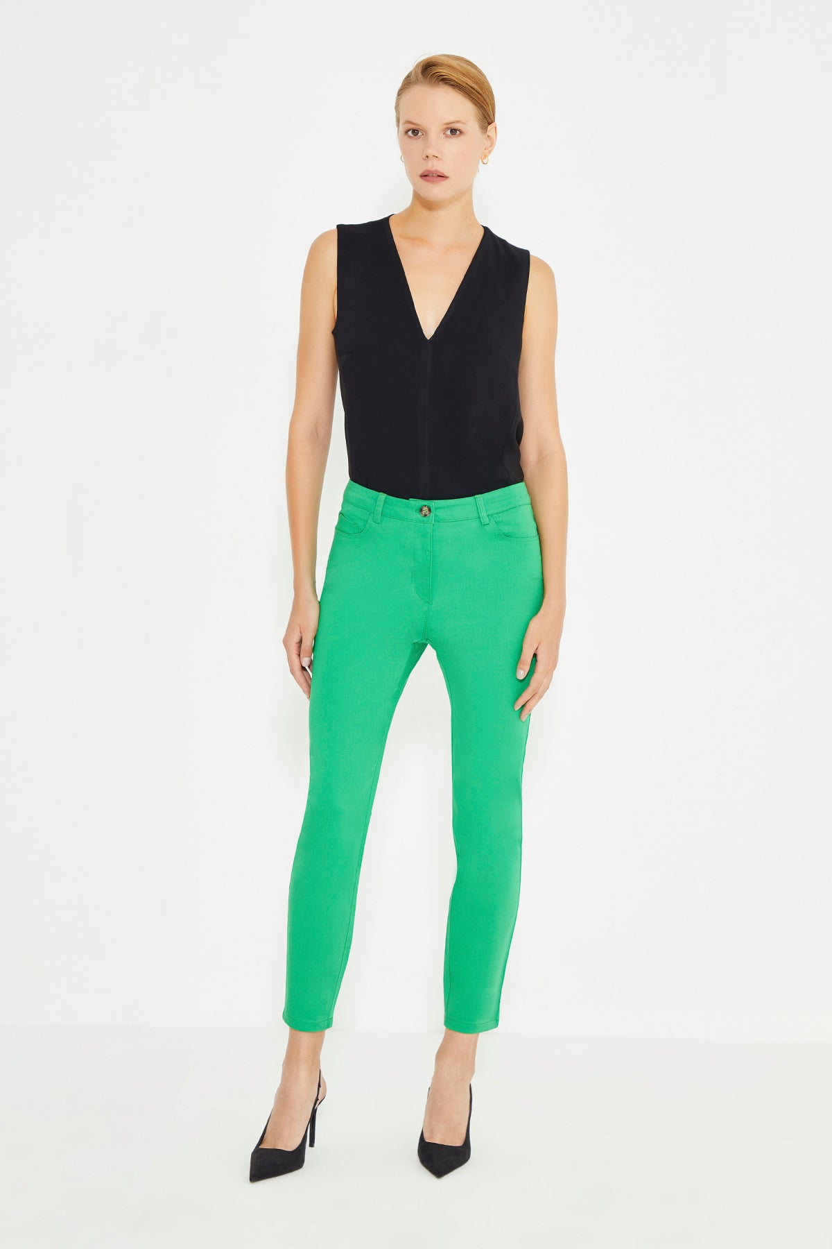 Green Five Pocket Slim Fit Women's Trousers