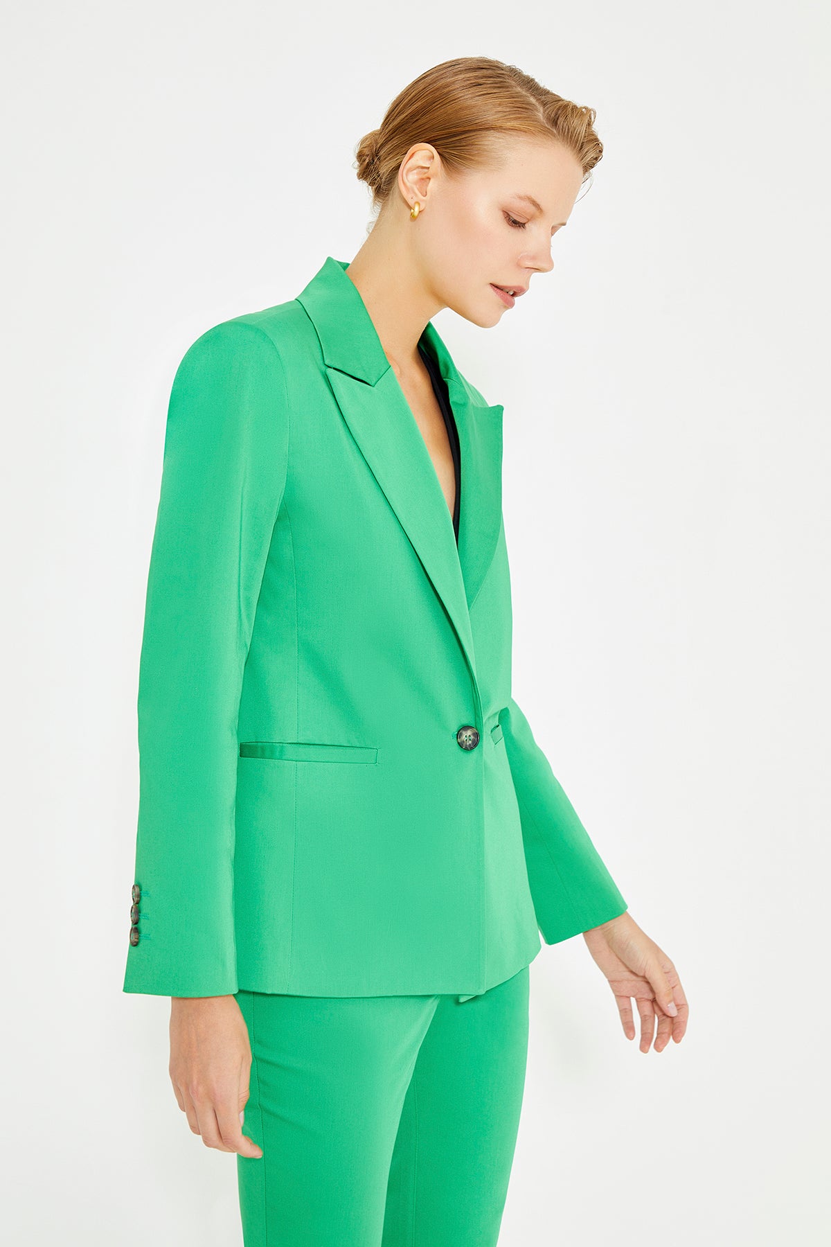Green Shoulder Padded Double Breasted Jacket With Pockets