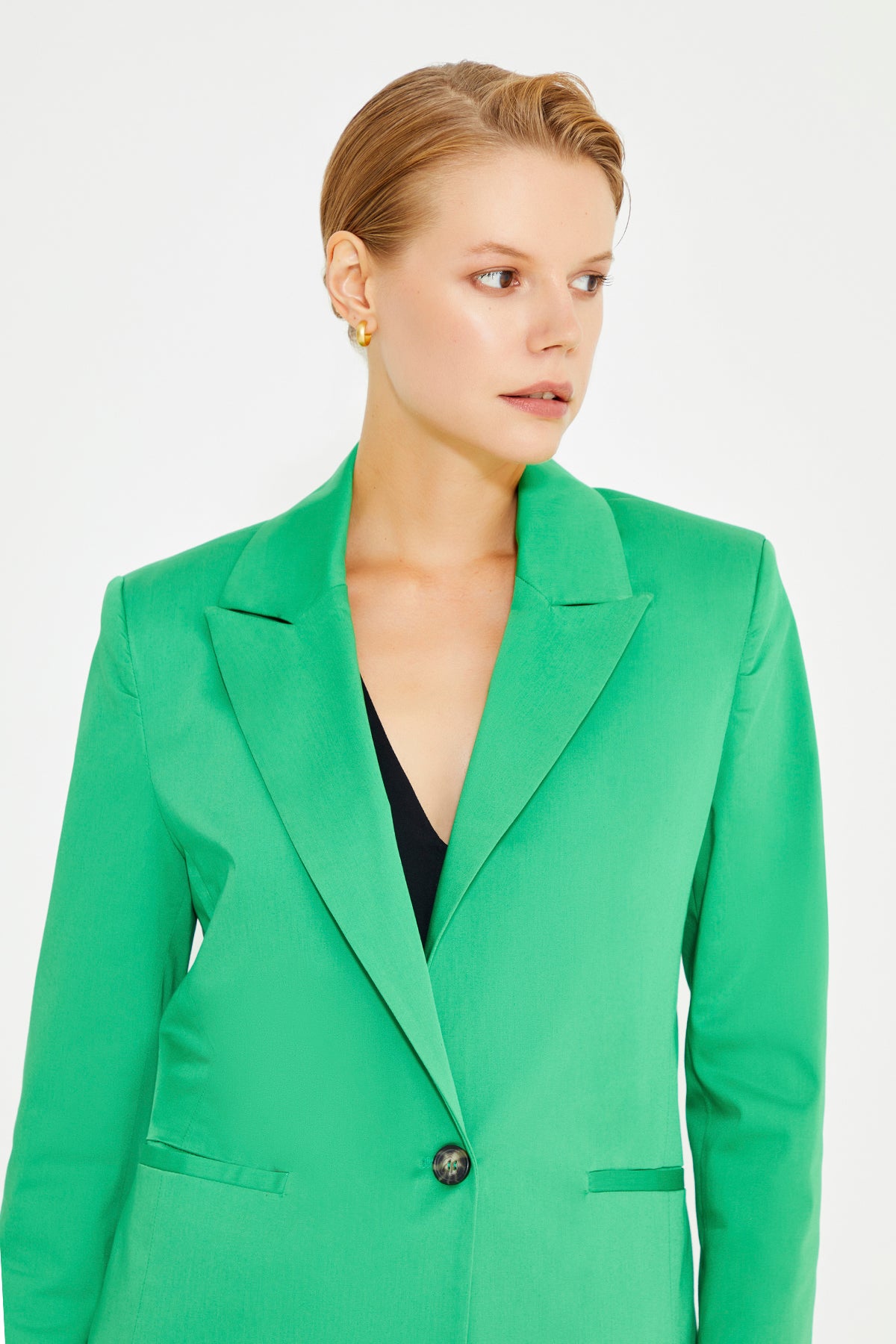 Green Shoulder Padded Double Breasted Jacket With Pockets