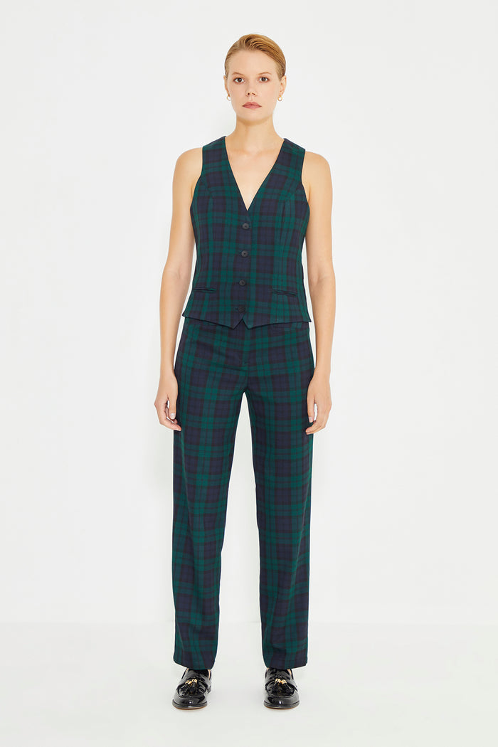 Green Plaid Leather Piping Detail Carrot Fit Women's Trousers