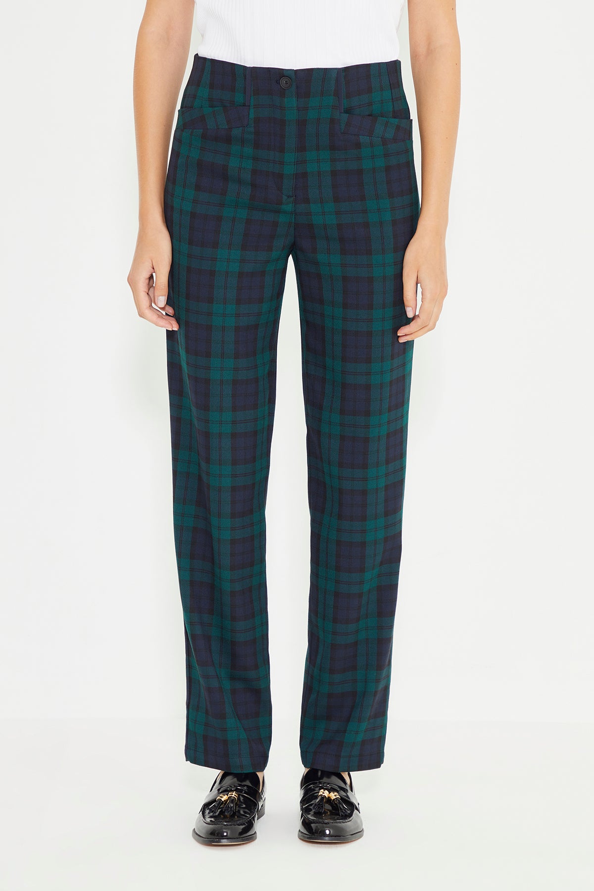 Green Plaid Leather Piping Detail Carrot Fit Women's Trousers