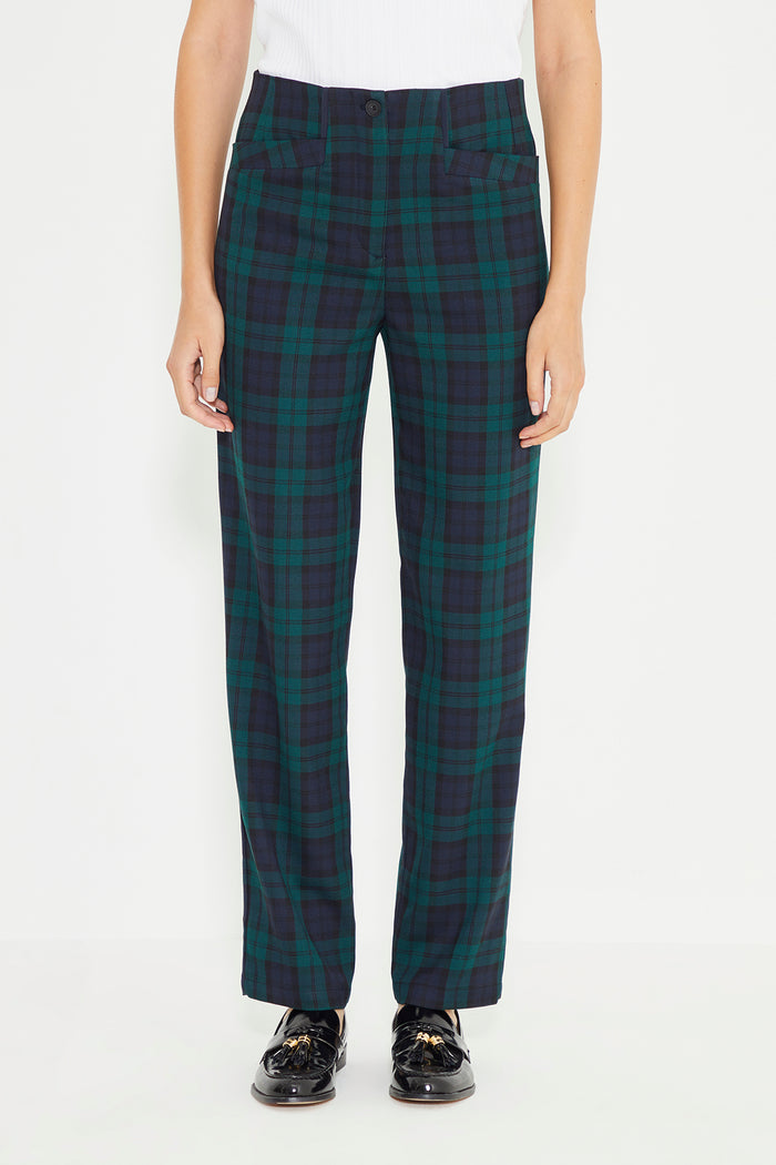 Green Plaid Leather Piping Detail Carrot Fit Women's Trousers