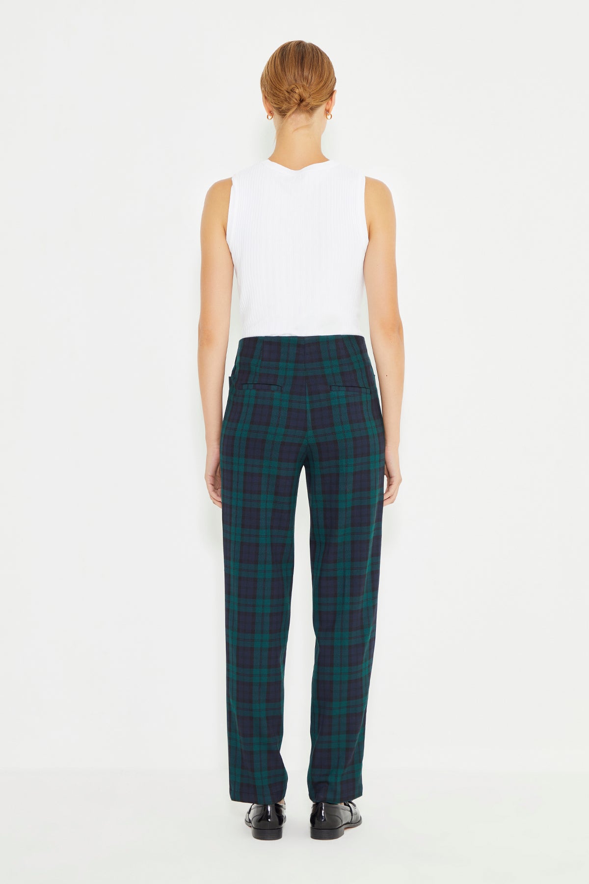 Green Plaid Leather Piping Detail Carrot Fit Women's Trousers