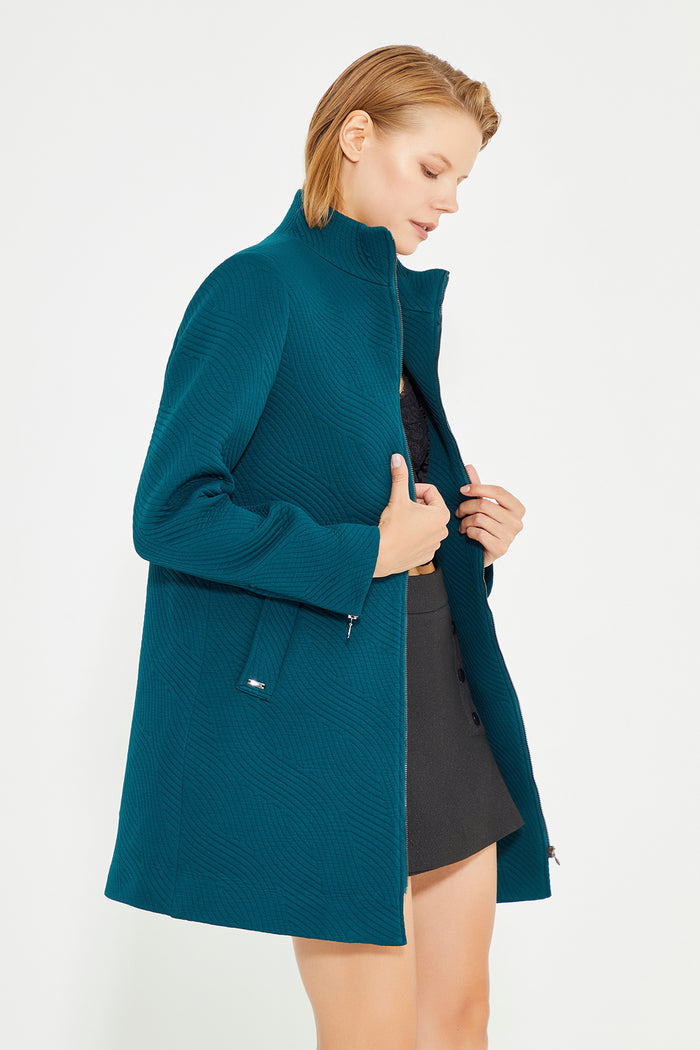 Green Front And Collar Zip Detailed women's Coat