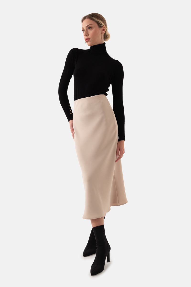 Beige Color Elastic Waist Flared Women's Skirt