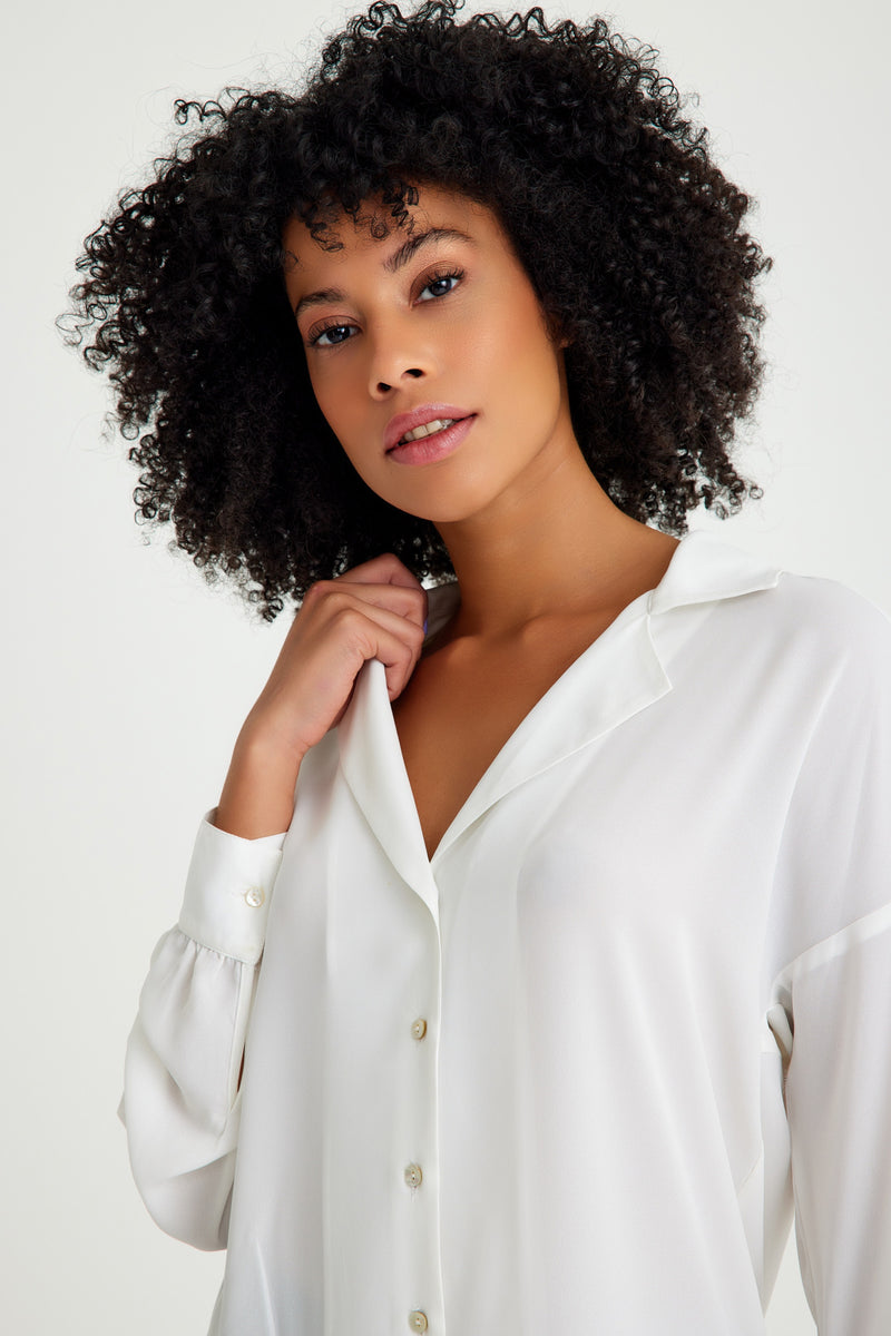 White Lapel Collar Cuffed Women's Shirt