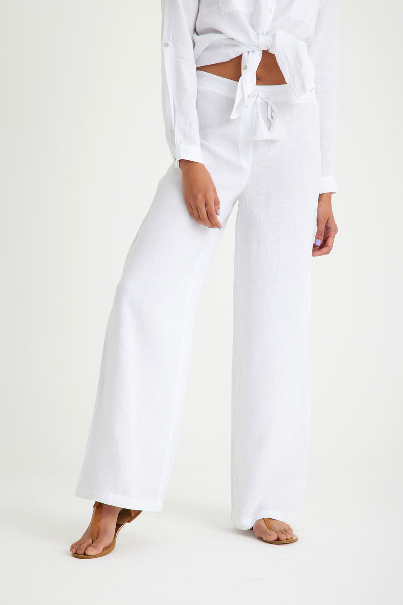 White Linen Waist Laced Wide Leg Women's Trousers
