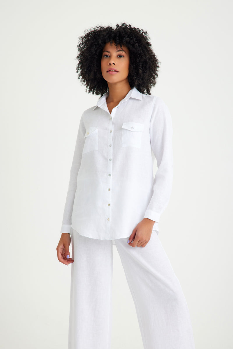 White Linen Pocket Detailed Women's Shirt