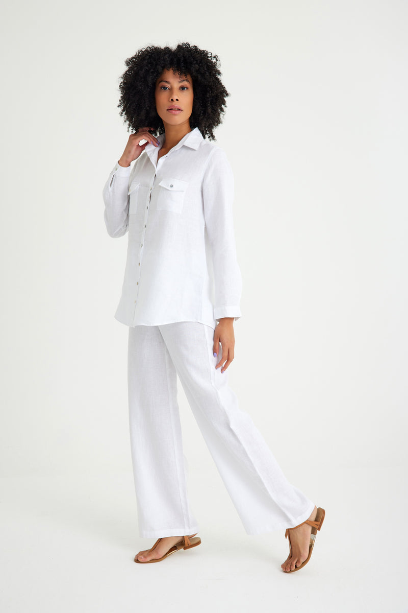 White Linen Pocket Detailed Women's Shirt