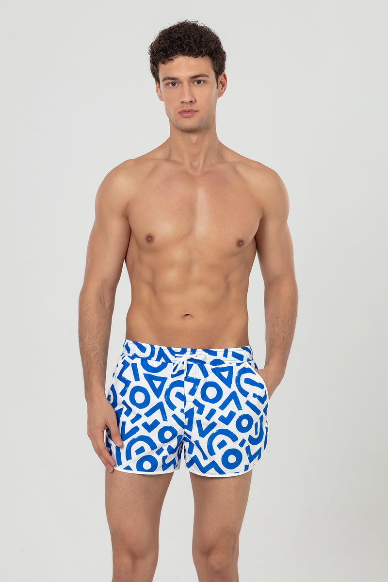 White Blue Geometric Patterned Men's Swim Shorts