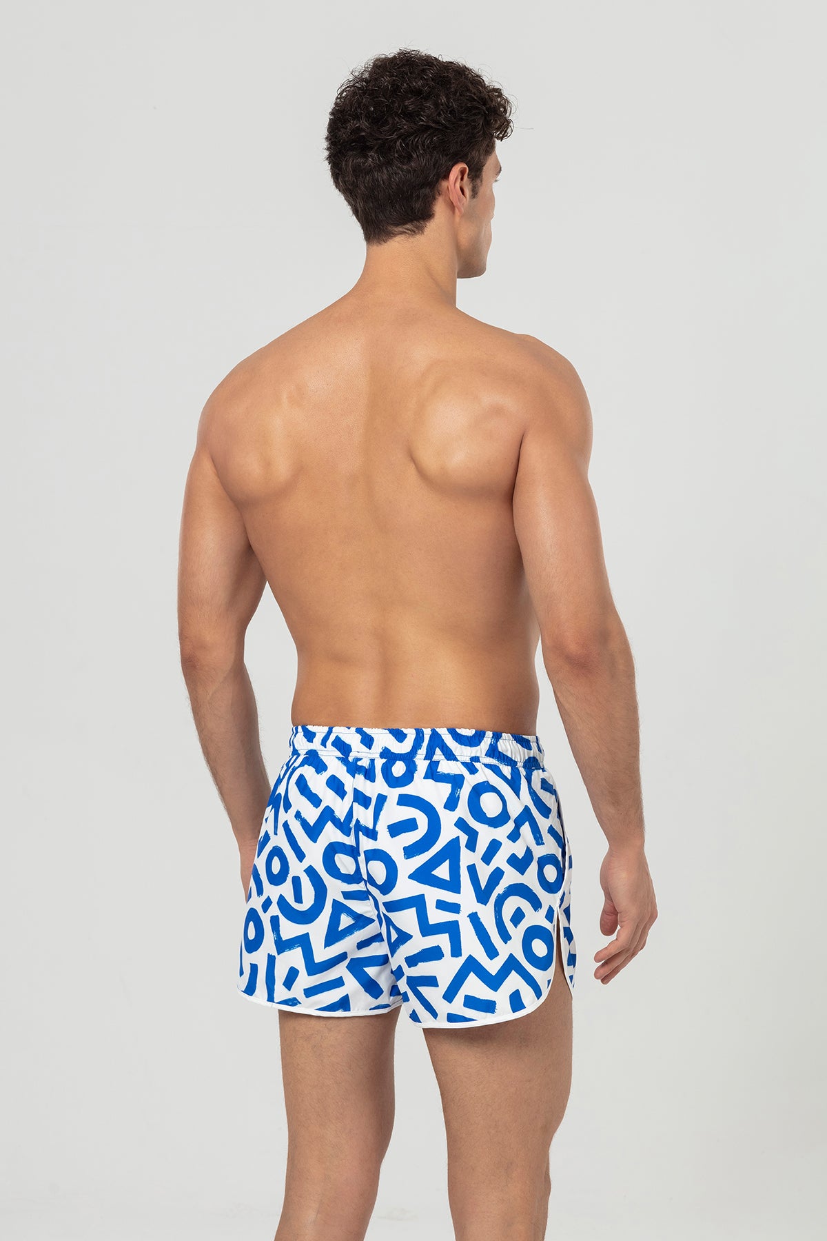 White Blue Geometric Patterned Men's Swim Shorts