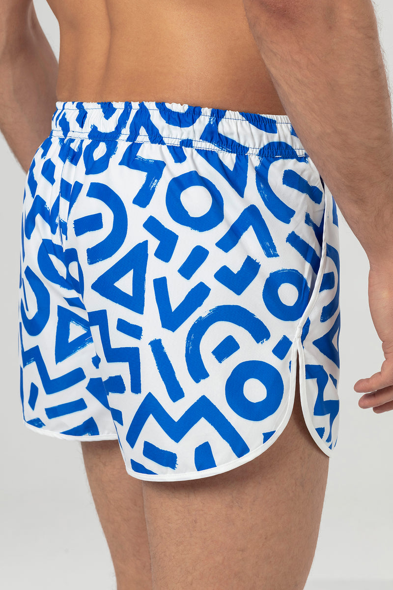 White Blue Geometric Patterned Men's Swim Shorts