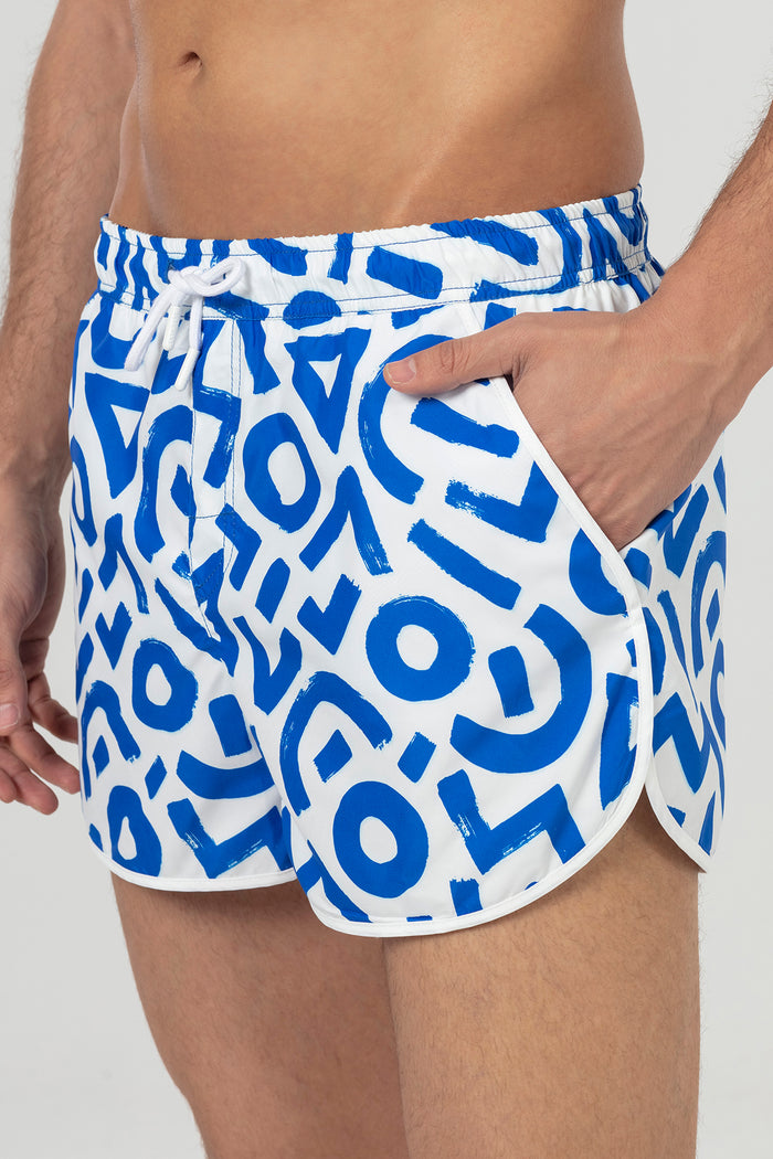 White Blue Geometric Patterned Men's Swim Shorts