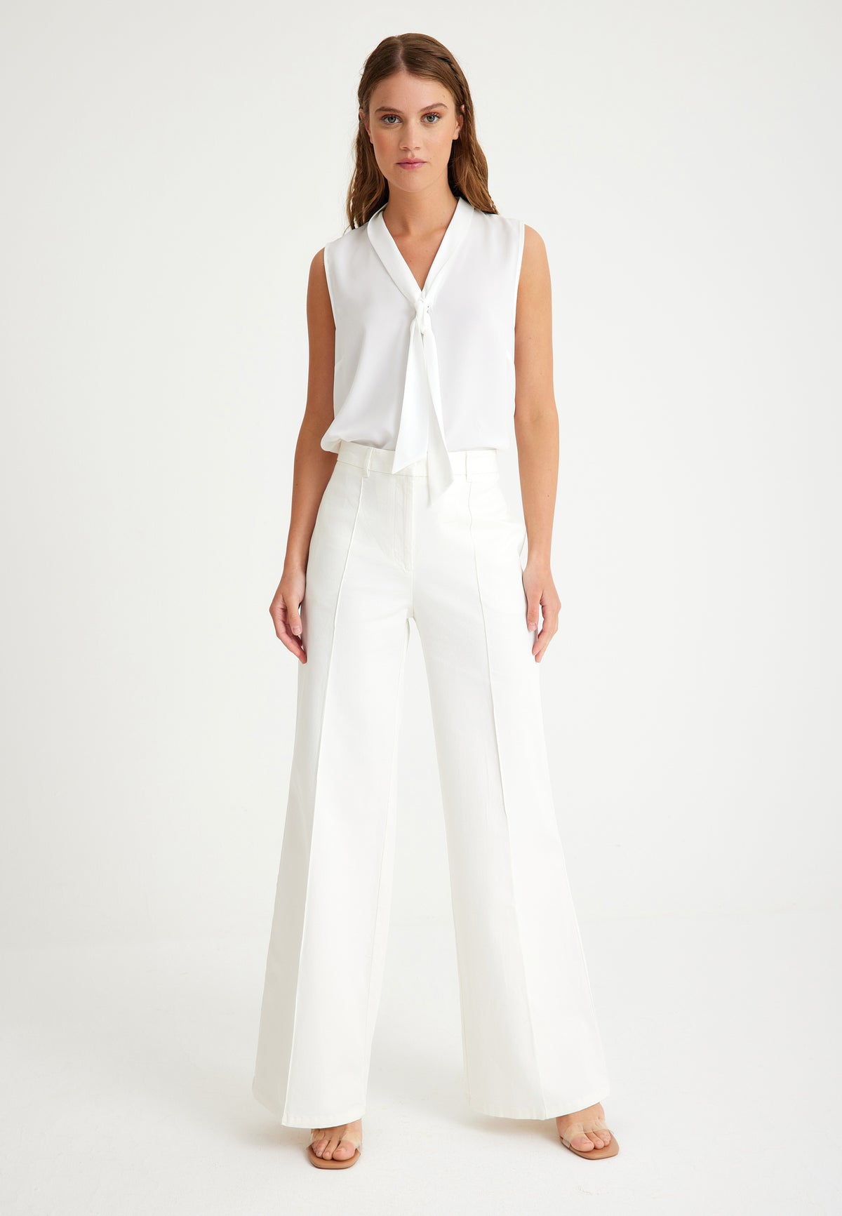 White Ribbed Wide-Leg Women's Trousers