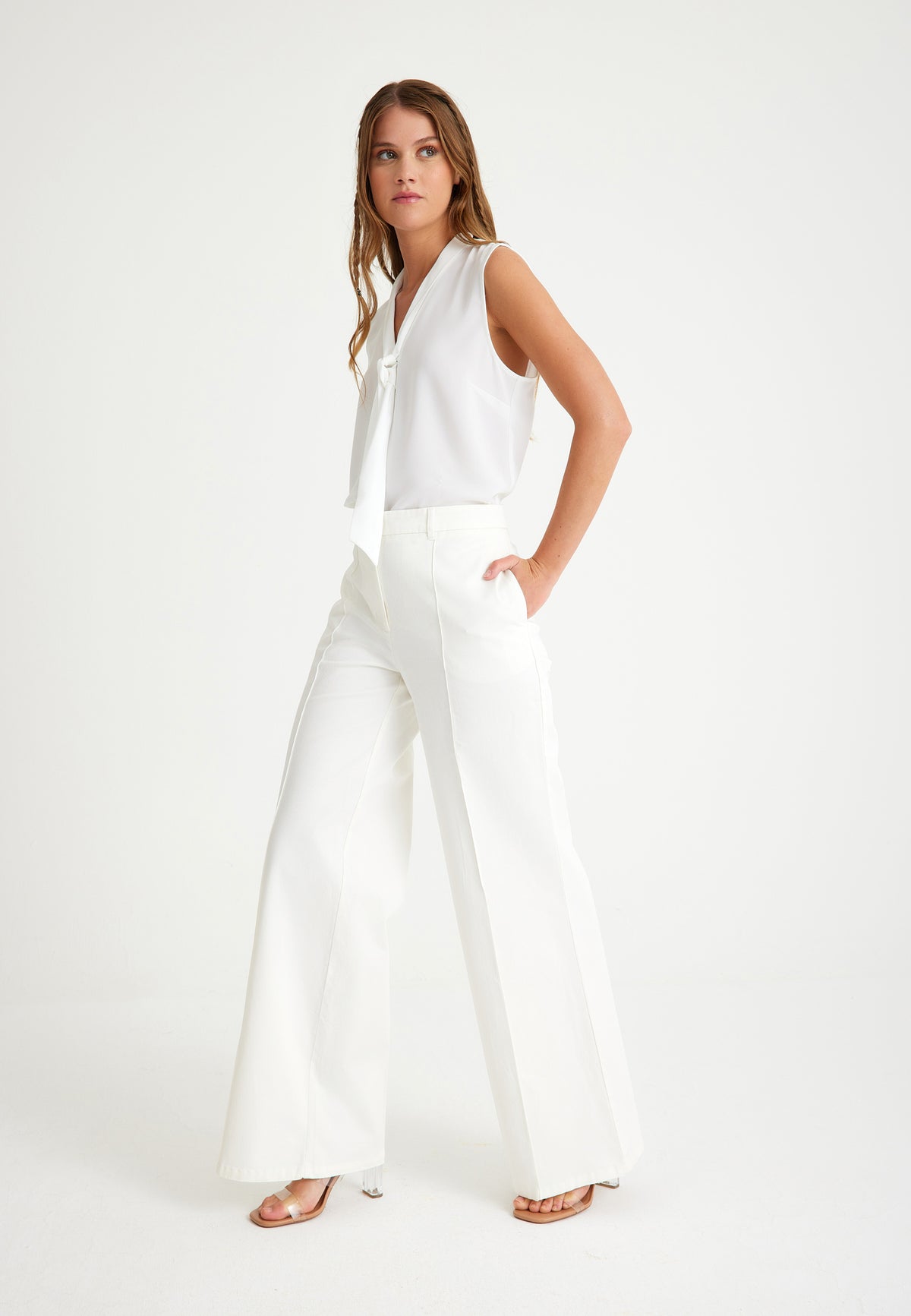 White Ribbed Wide-Leg Women's Trousers