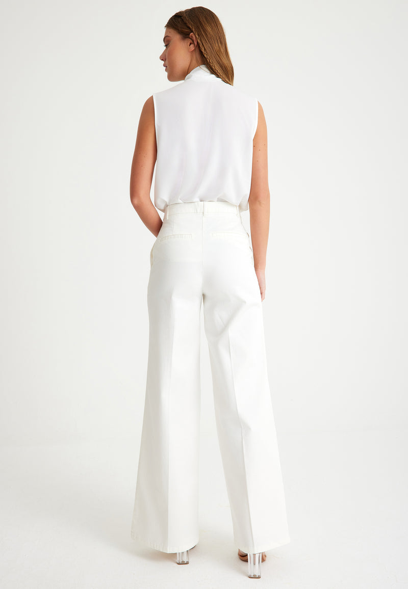 White Ribbed Wide-Leg Women's Trousers