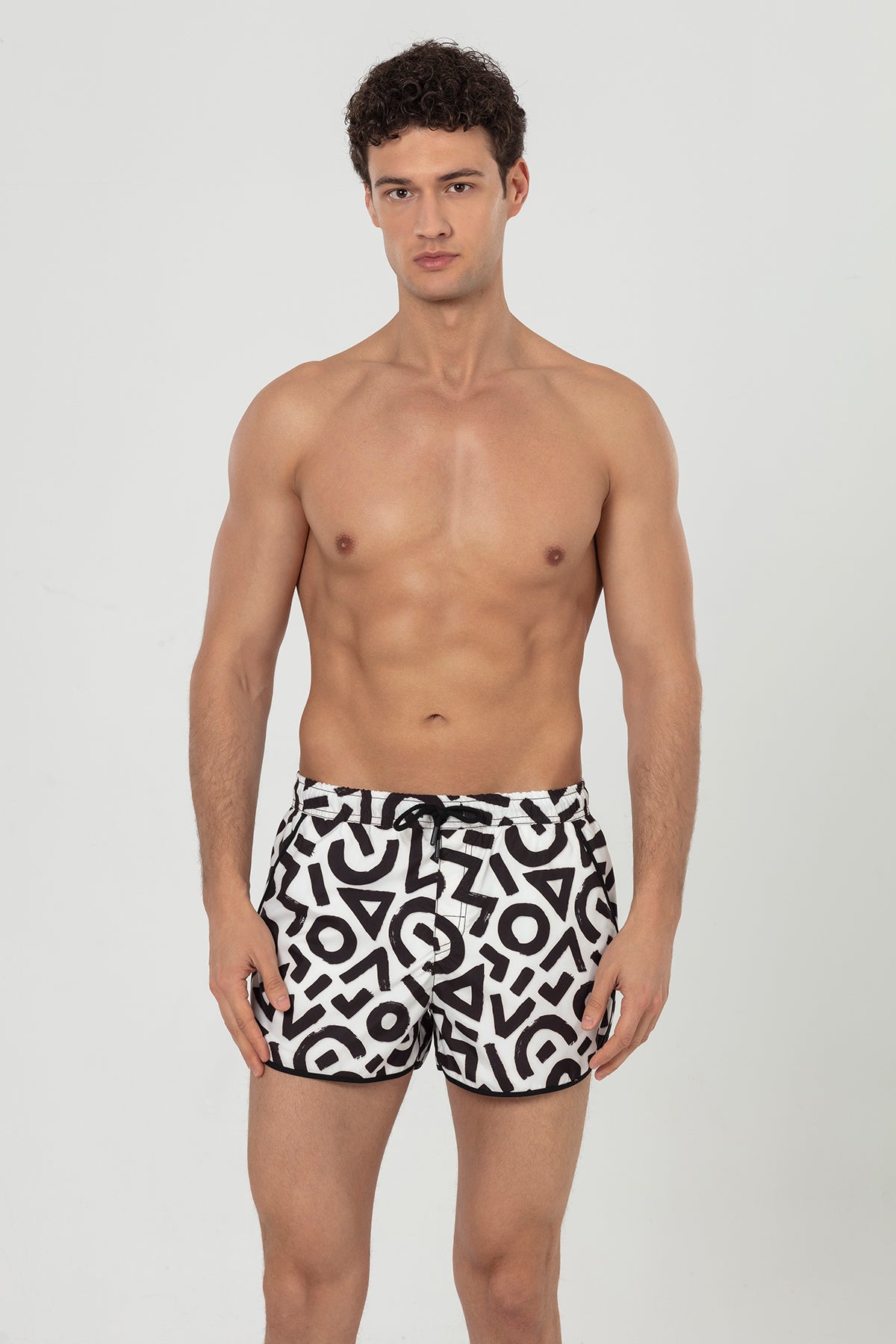 White Black Geometric Patterned Men's Swim Shorts