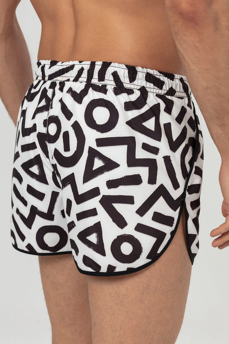 White Black Geometric Patterned Men's Swim Shorts