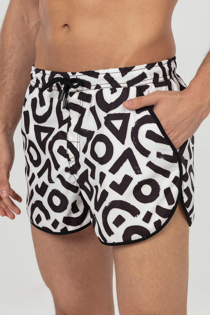 White Black Geometric Patterned Men's Swim Shorts