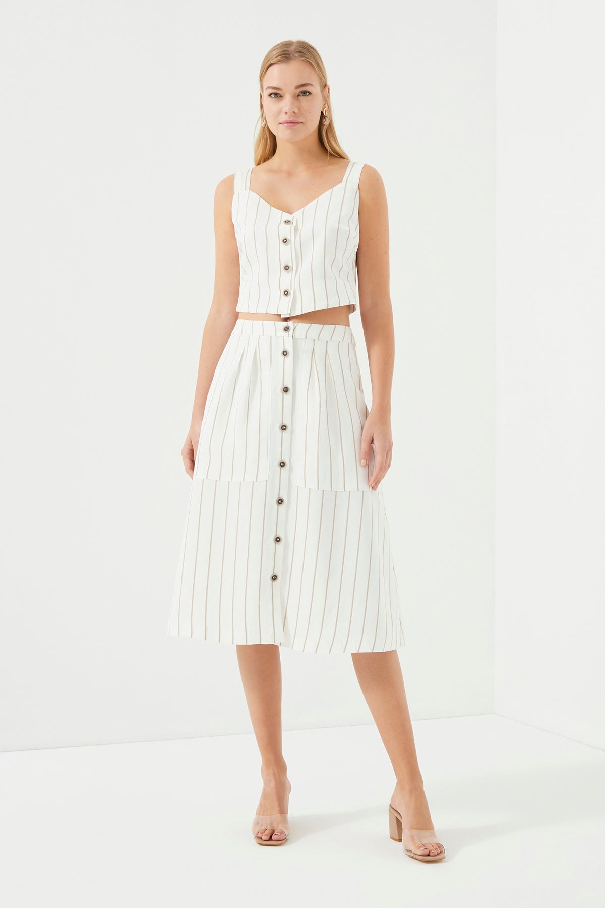 Striped Front Button Skirt